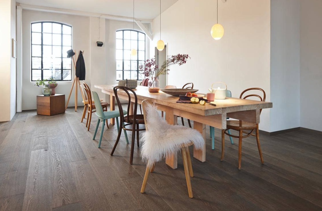 Brunette flooring example featuring a contemporary coastal kitchen