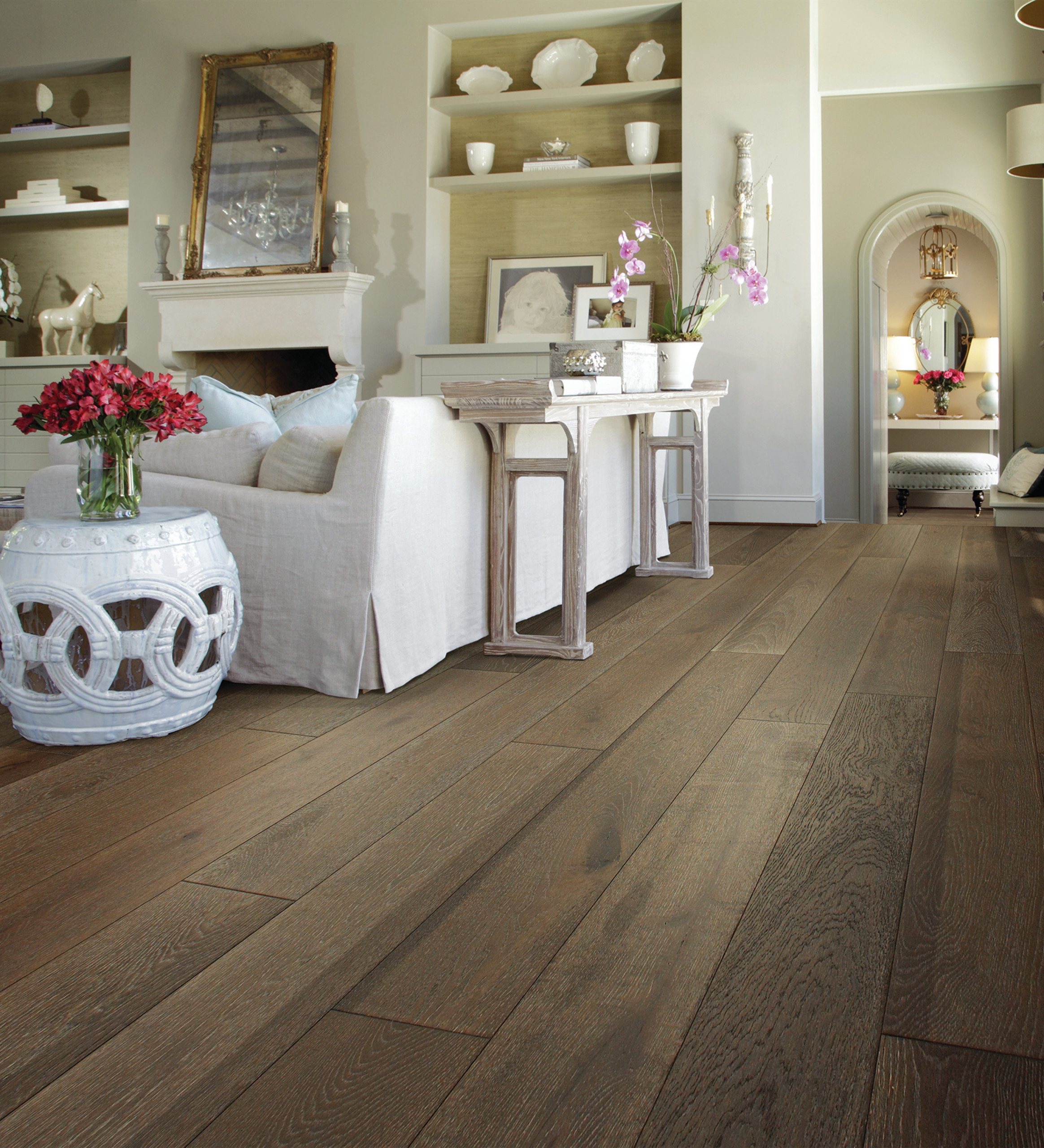 Brunette flooring example featuring a shabby chic european living room