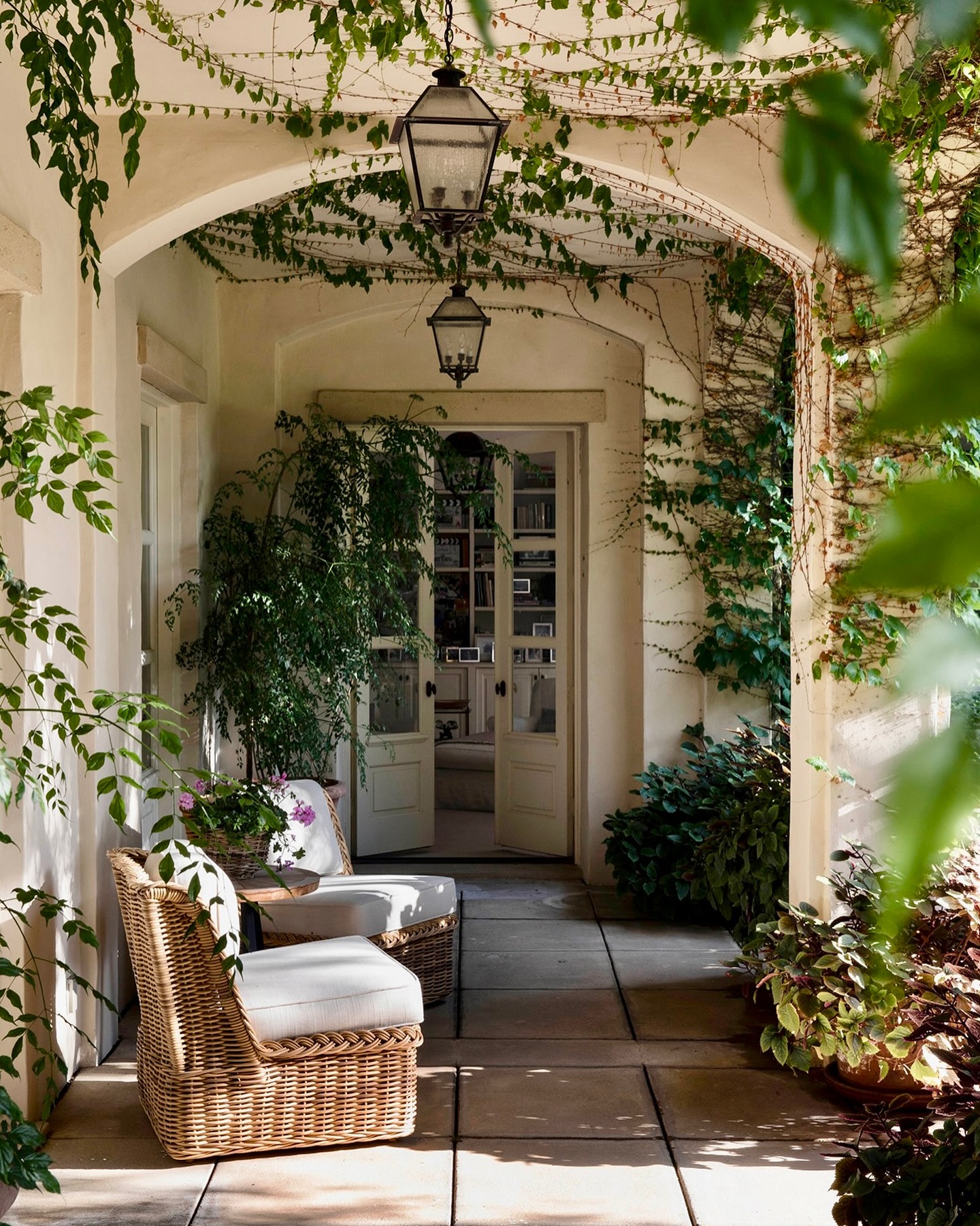 Nancy Meyers interiors inspiration example showcasing gallery patio in Nancy Meyers California home