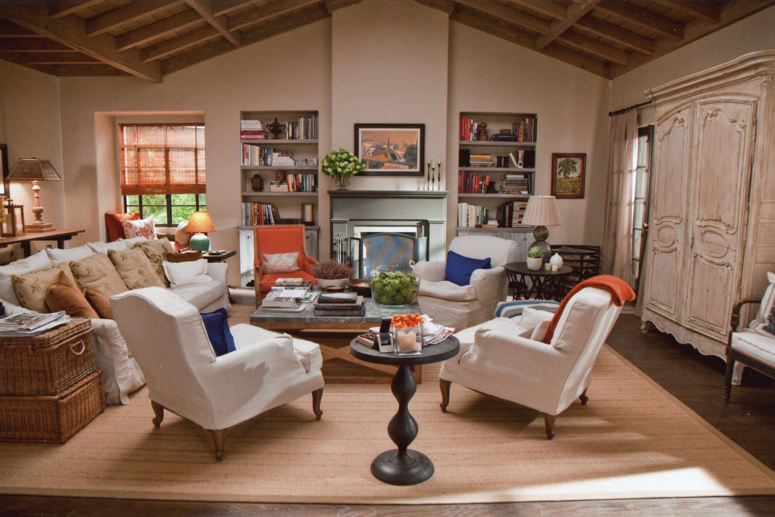 Nancy Meyers interiors inspiration example showcasing a traditional kitchen with comforting layered decor. Set image of the kitchen in the movie "It's Complicated"