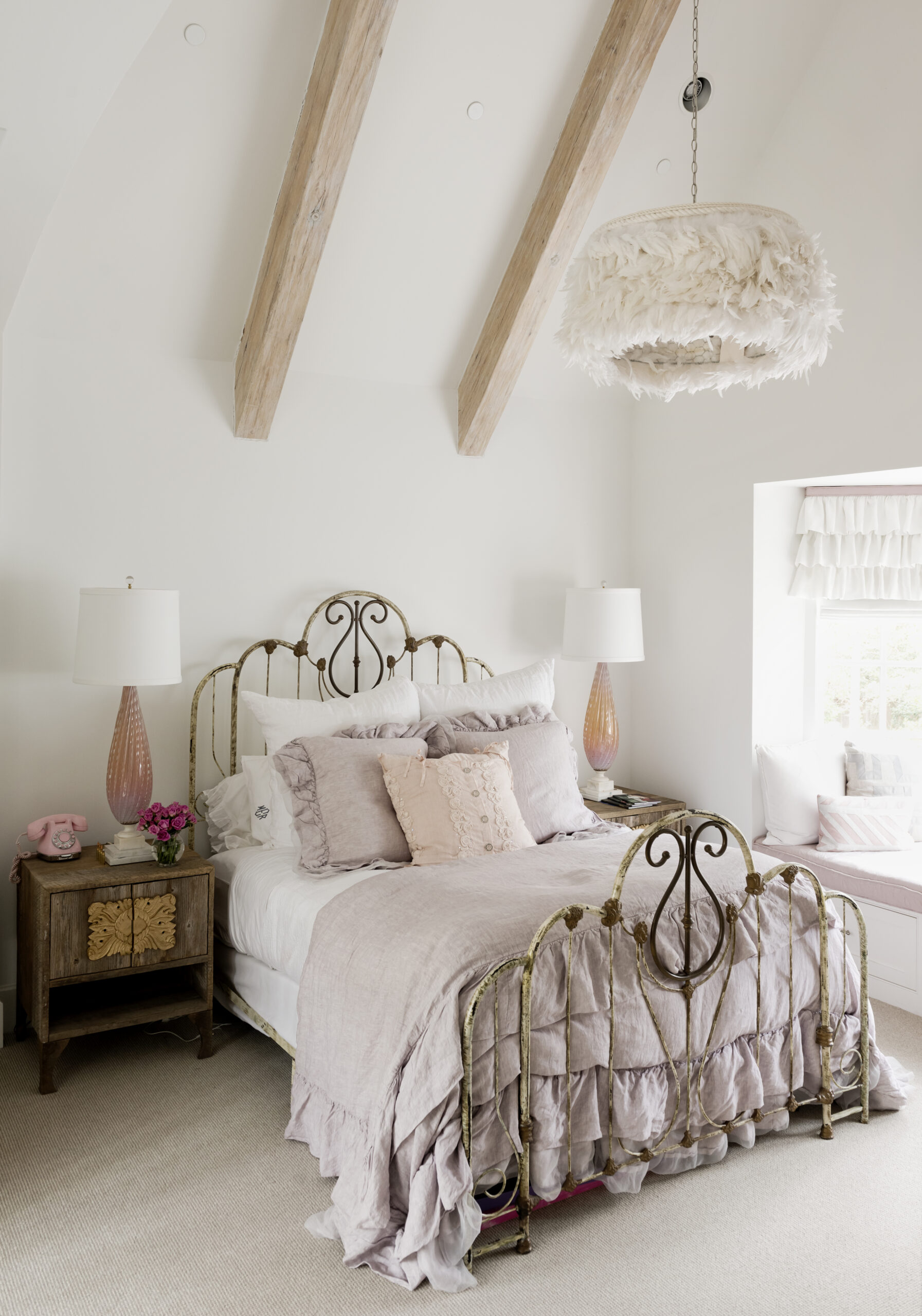 vintage princess aesthetic bedroom example showcasing large bed in lilac and white hues