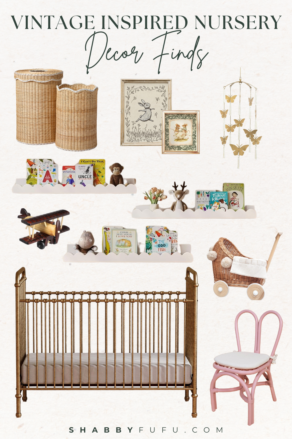 Collage featuring home decor finds featuring vintage inspired nursery