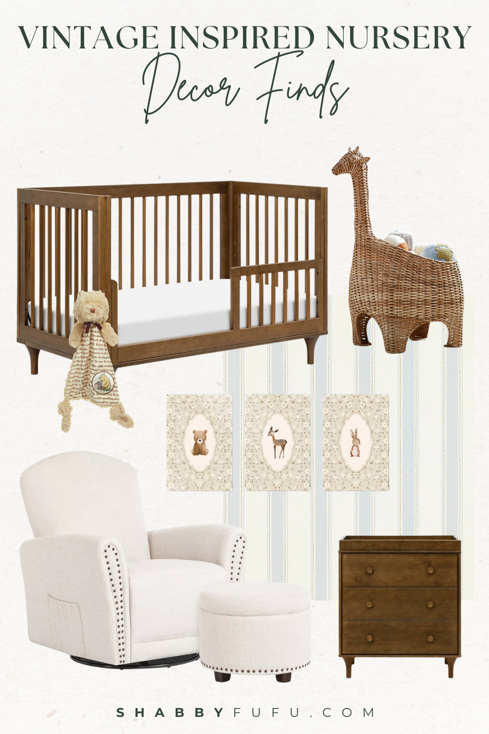 Collage featuring home decor finds featuring vintage inspired nursery