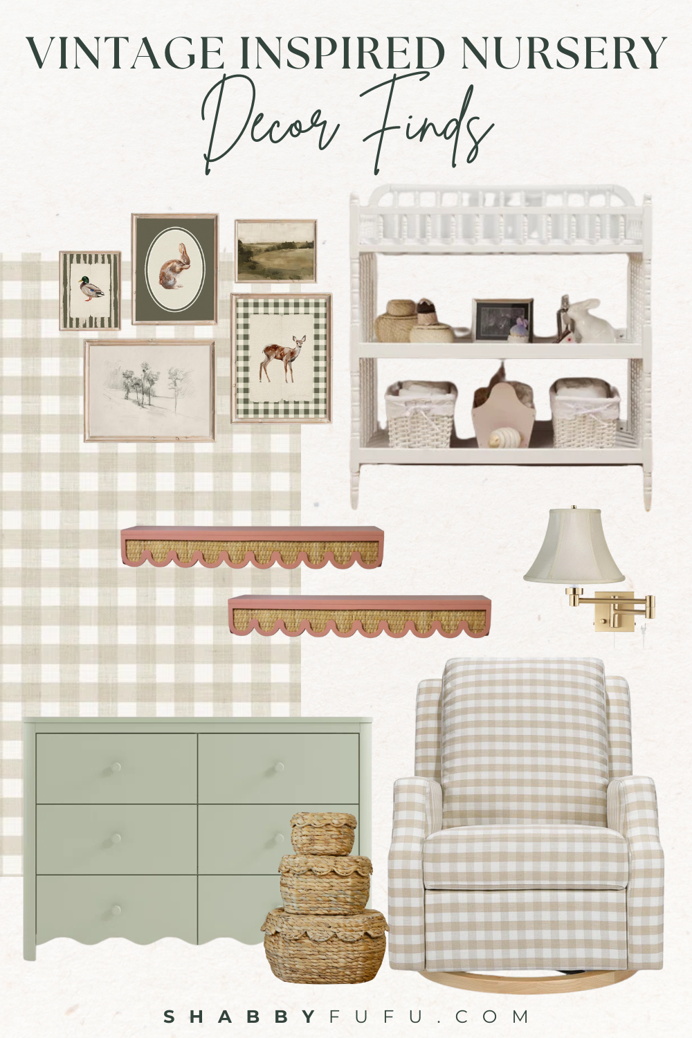 Collage featuring home decor finds featuring vintage inspired nursery