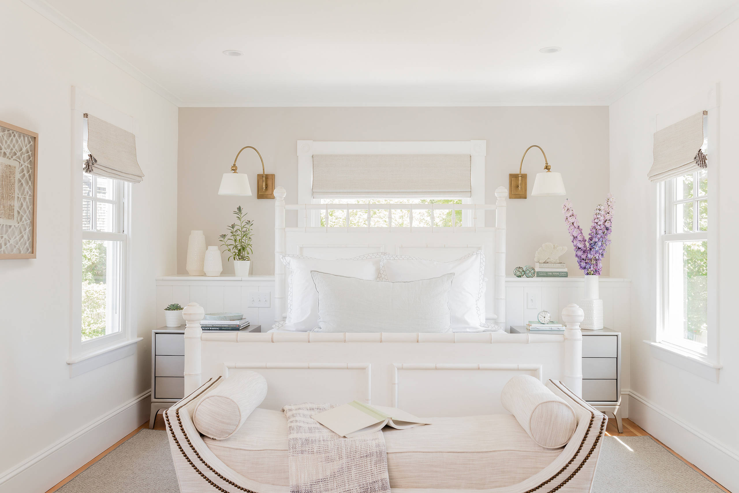 Example of warm rich neutrals color palette in airy bedroom