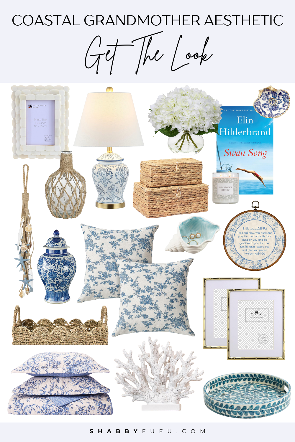 Pinterest collage titled "Coastal Grandmother Aesthetic Get The Look" showcasing amazon decor finds