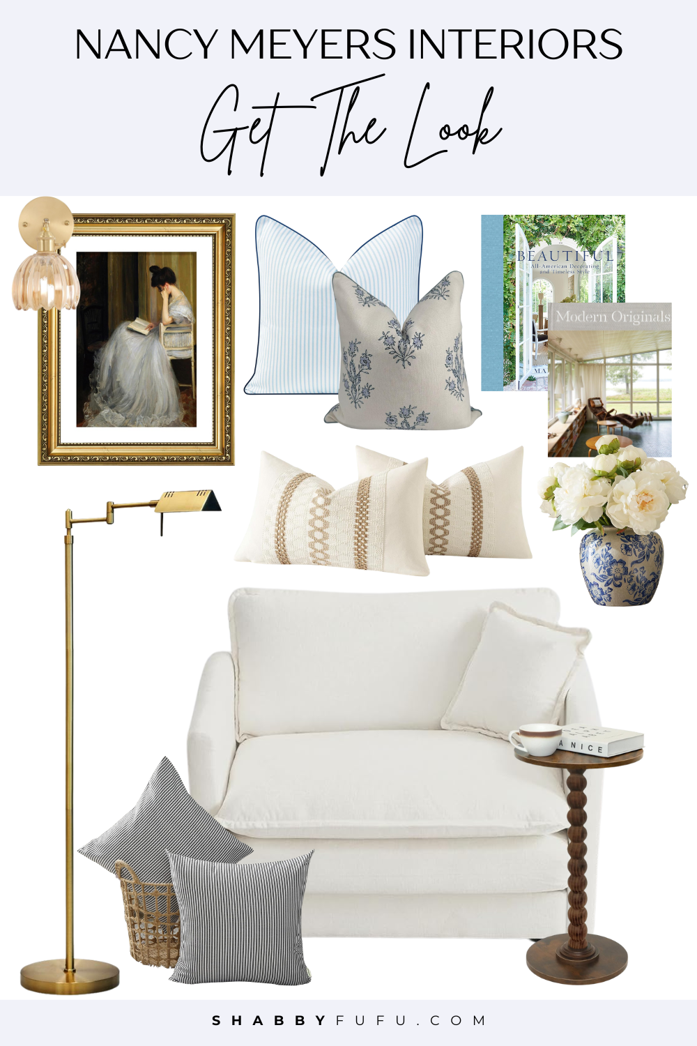 Pinterest collage titled "Nancy Meyers Interiors Get The Look" showcasing amazon decor finds