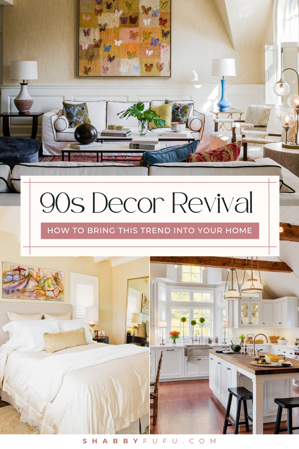 Pinterest pin featuring collage of examples of '90s decor revival inspiration