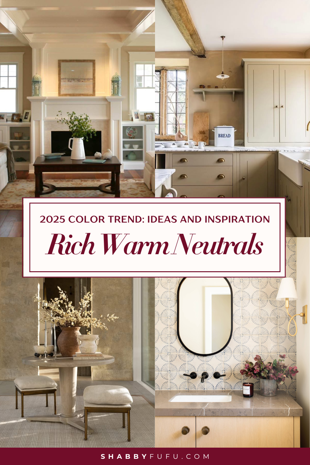 Pinterest pin featuring collage of examples of rich warm neutrals