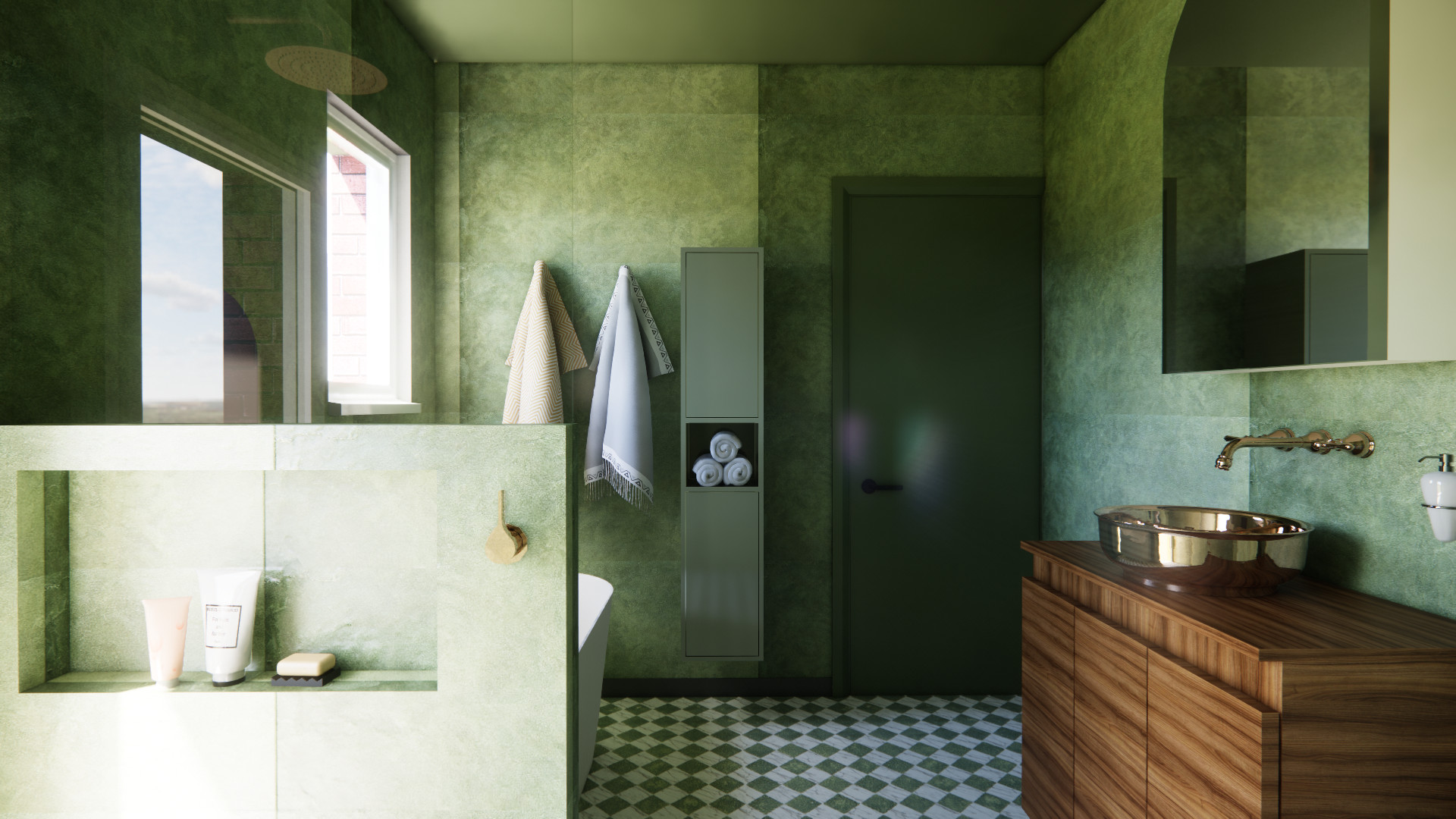 Color drenching idea showing a bathroom in a pale limewash green