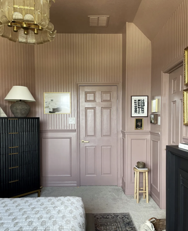 Color drenching idea showing a living room in a pale mauve