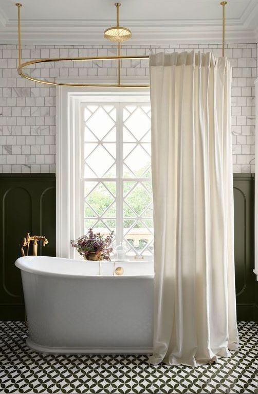 Curved furniture and architecture bathroom with arched shower curtain