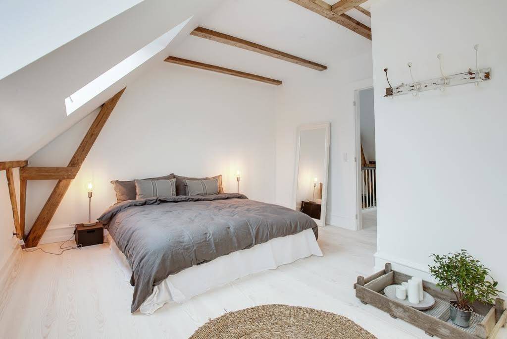 Neutral bedroom ideas in Scandinavian style featuring white wooden floors
