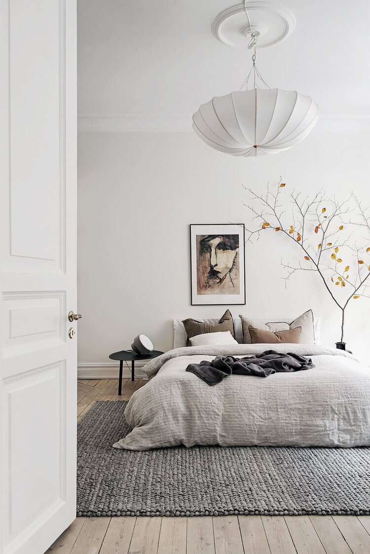 Neutral bedroom ideas in contemporary Japandi style featuring neutrals with clean lines