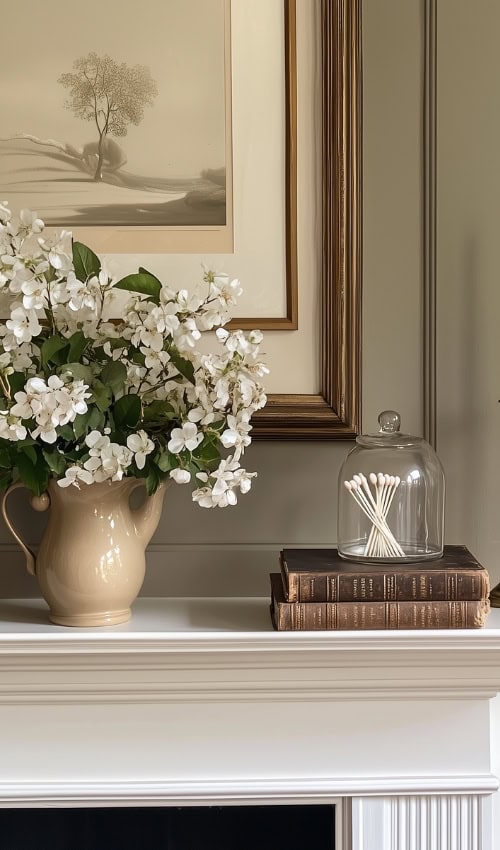 Example of transitional mantel decor style featuring a contemporary look
