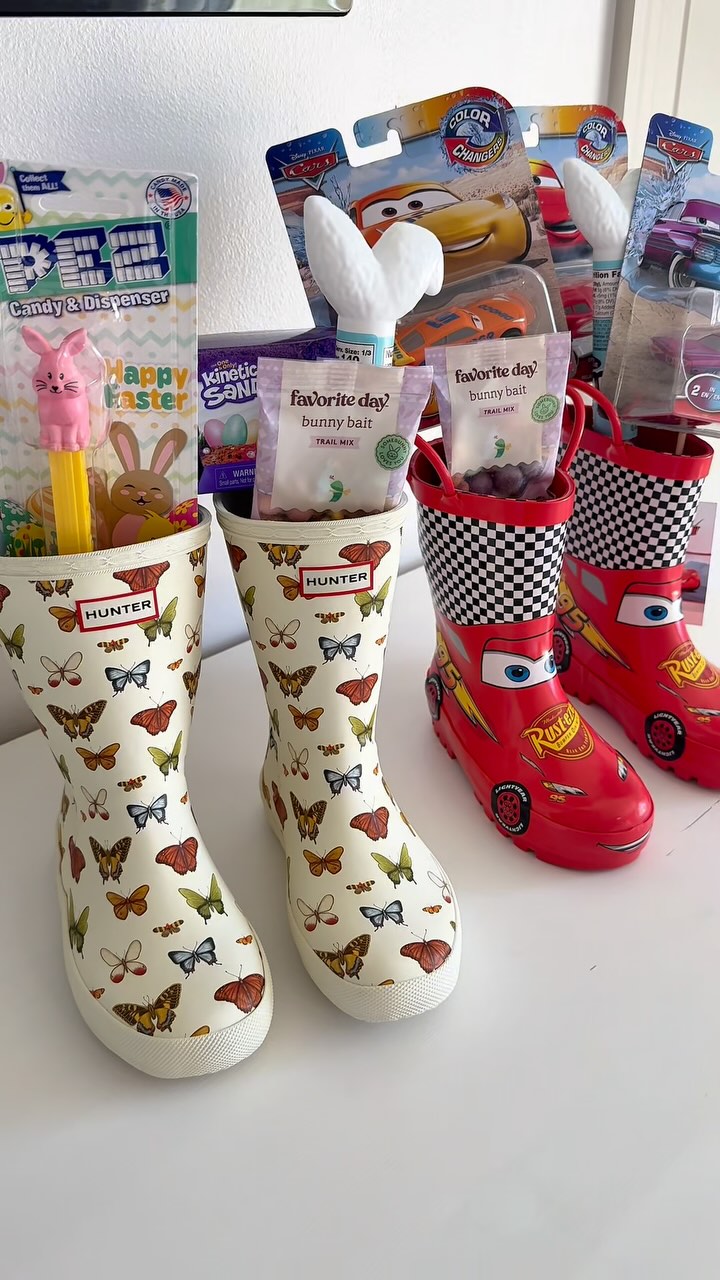 Last-minute Easter basket ideas featuring a rain boots as baskets for kids.