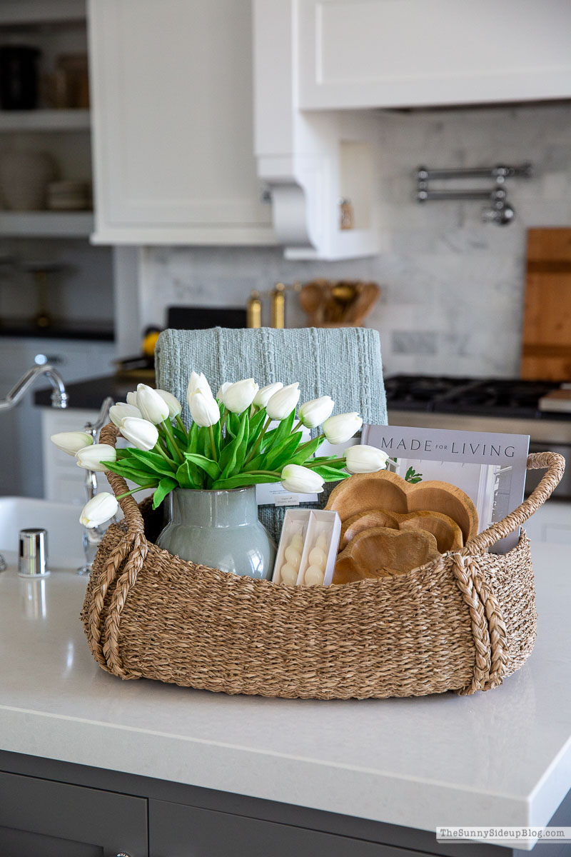 Last-minute Easter basket ideas featuring a rattan basket in farmhouse style for adults.