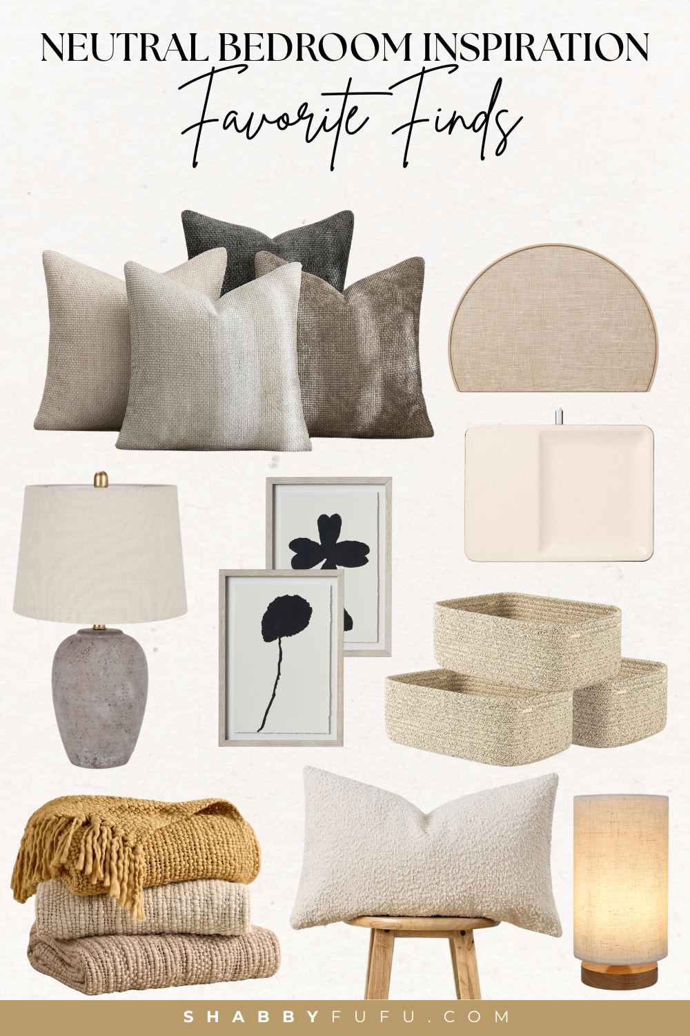 Pinterest collage featuring favorite decor finds for neutral bedroom