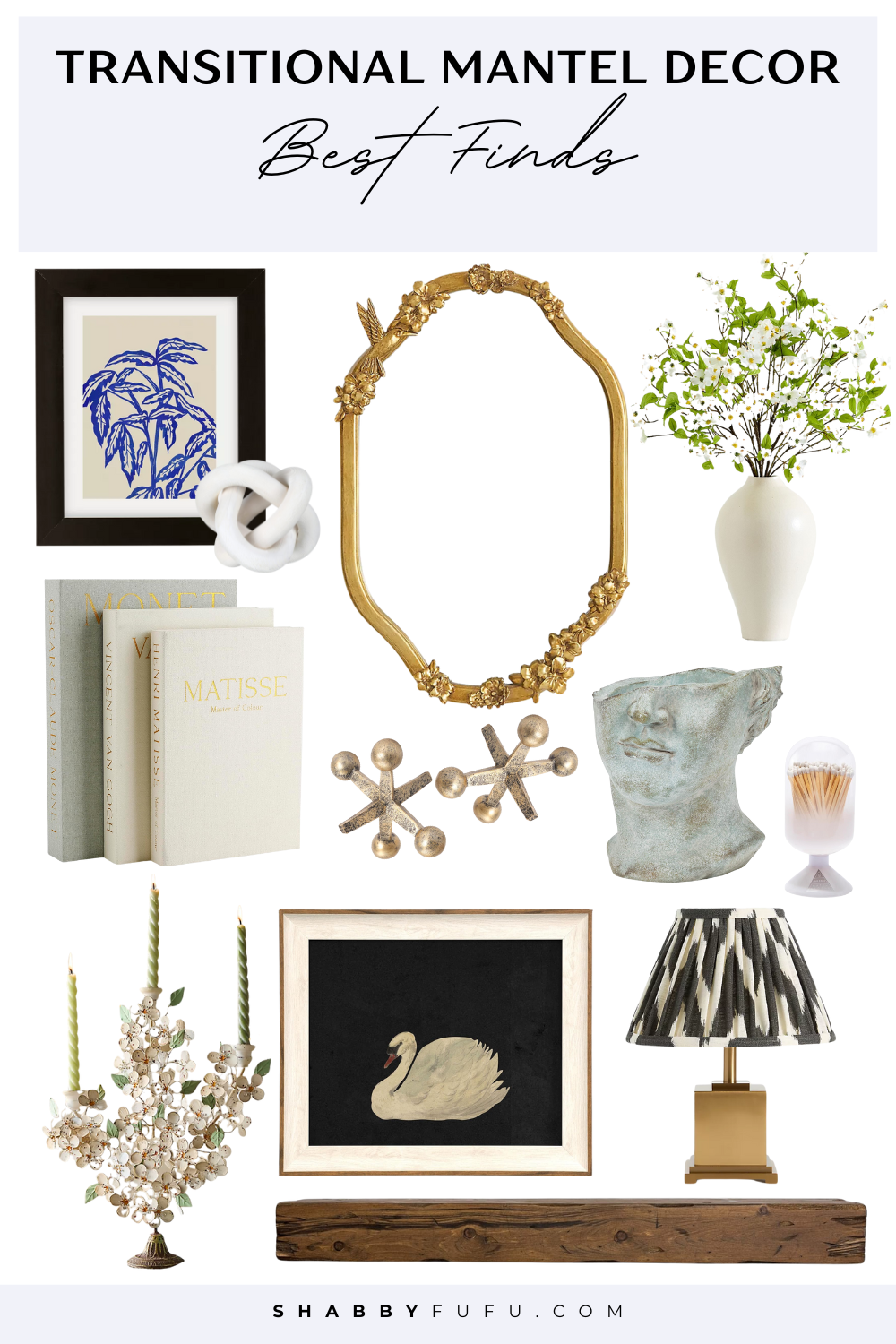 Transitional mantel decor featuring a collage of decor finds