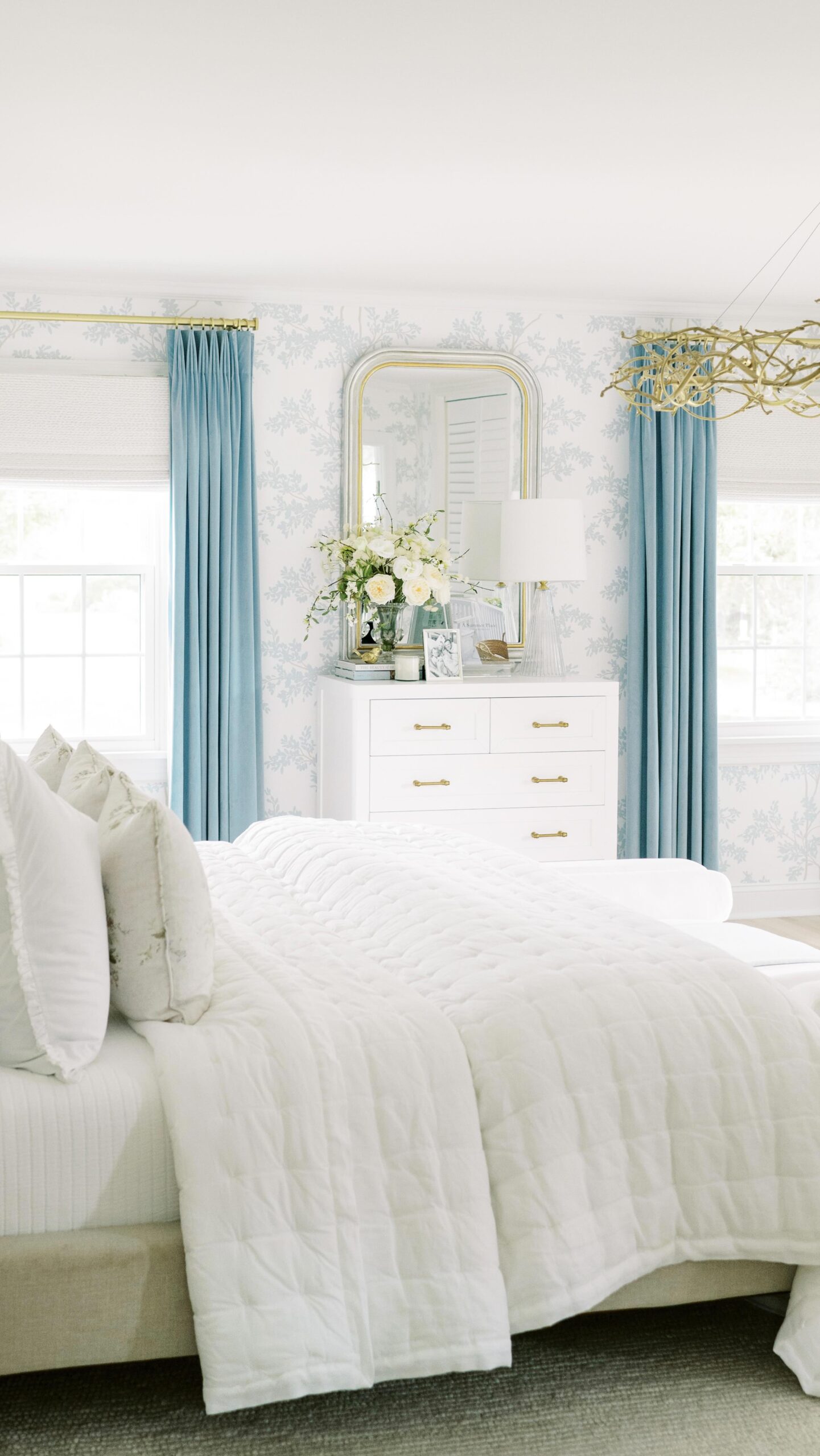 Bedroom design example of modern traditional bedroom in neutral blue color palette
