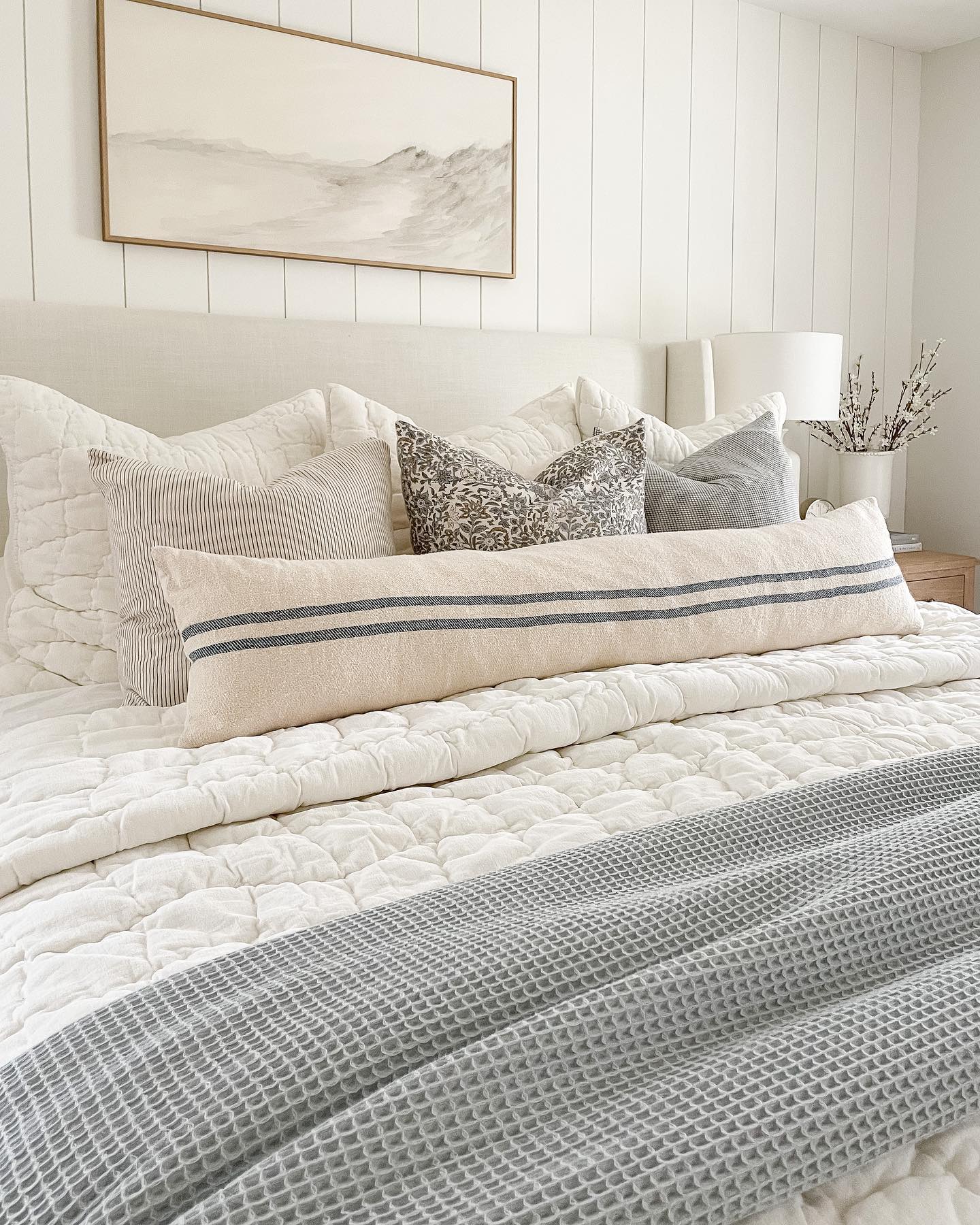Bedroom design example of modern traditional bedroom in neutral blue color palette