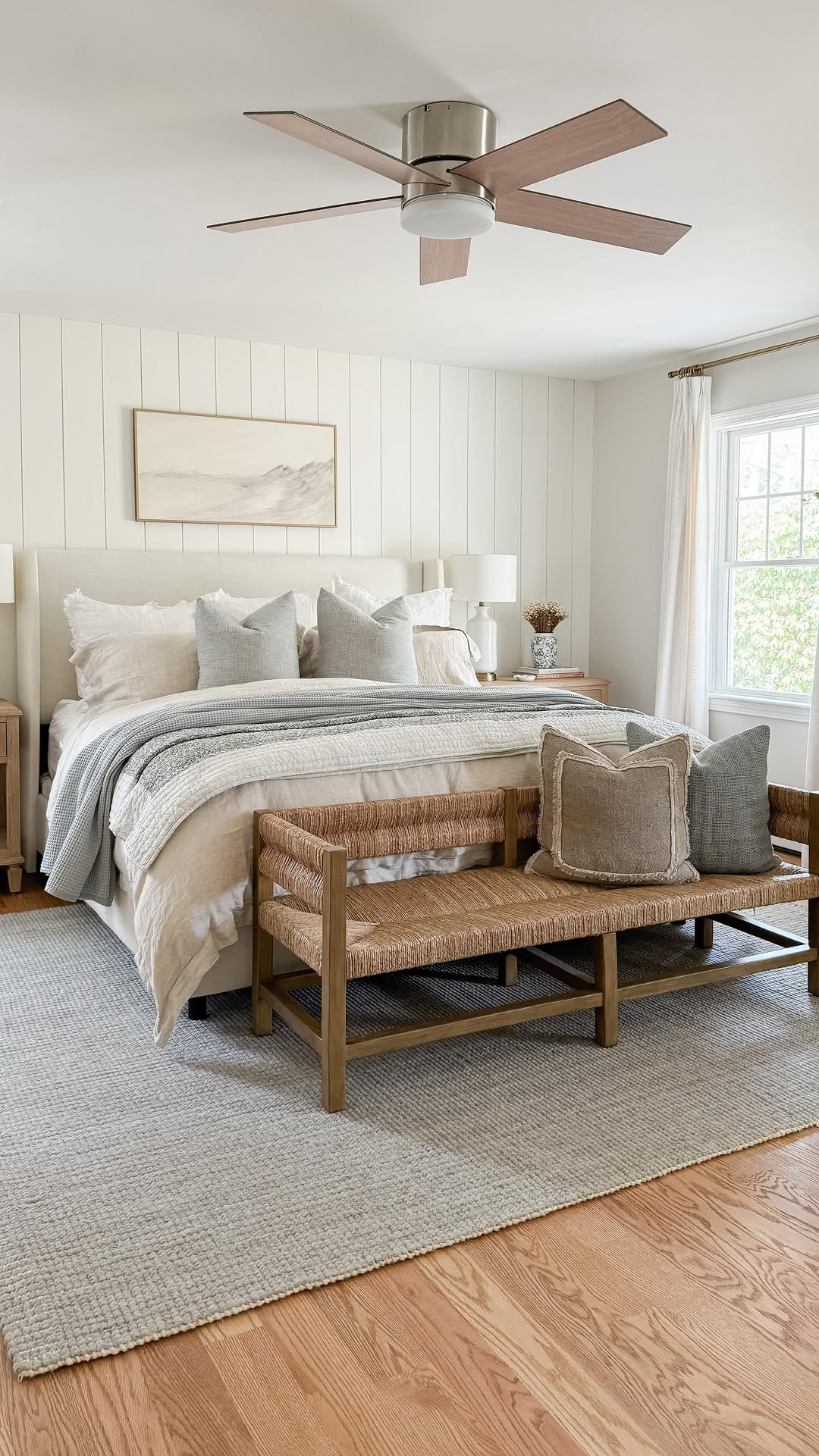 Bedroom design example of modern traditional bedroom in neutral blue color palette