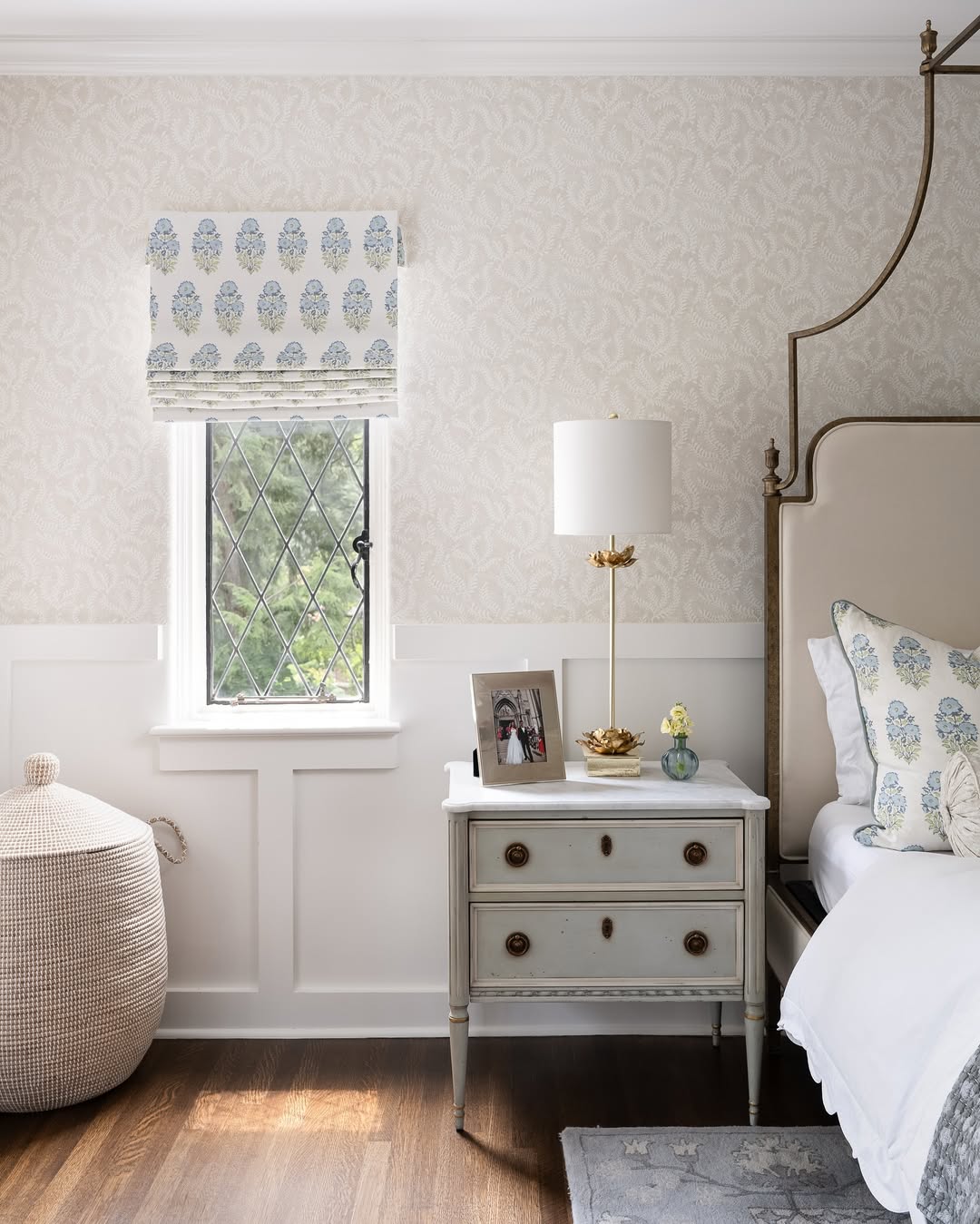 Bedroom design example of modern traditional bedroom in neutral blue color palette