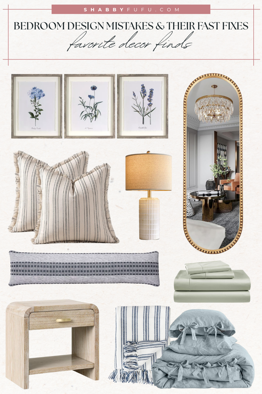 Bedroom design collage featuring decor finds in traditional modern style