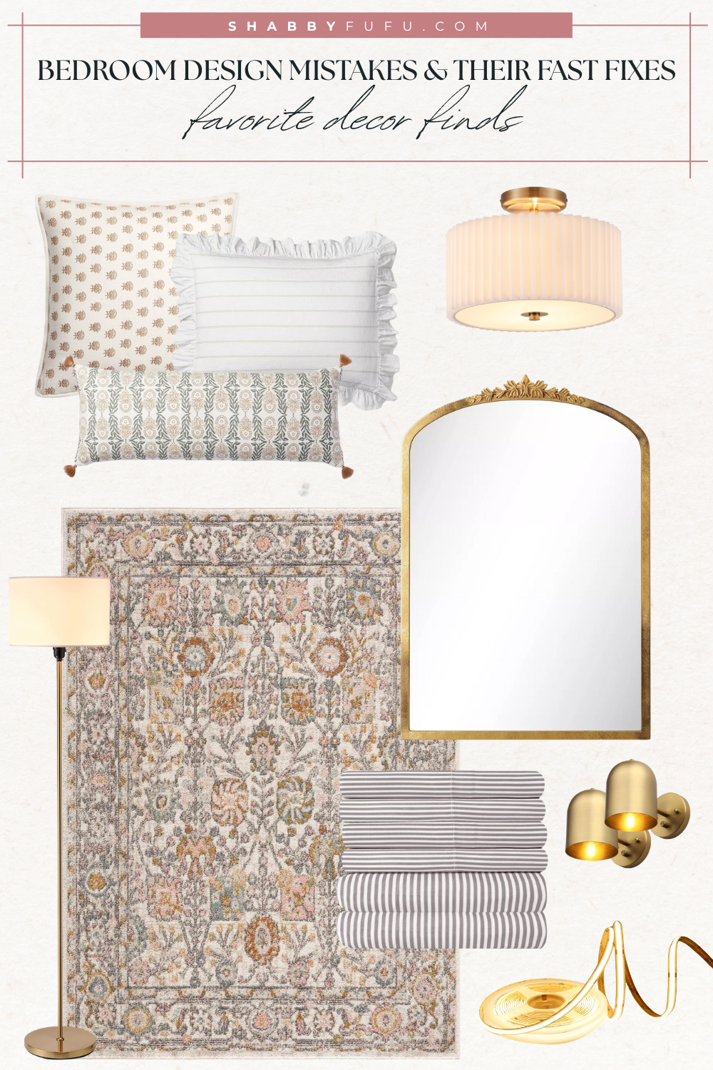 Bedroom design collage featuring decor finds in traditional modern style