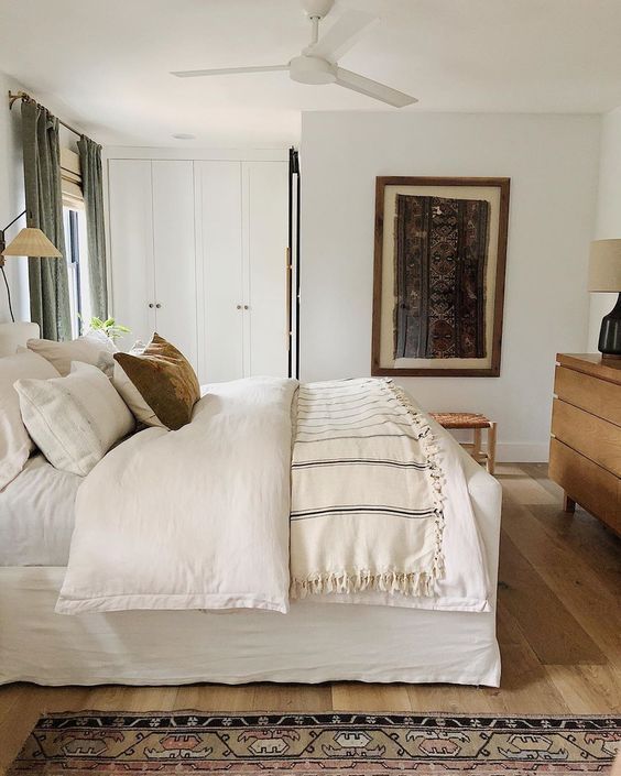 Bedroom design example of modern traditional bedroom in neutral blue color palette