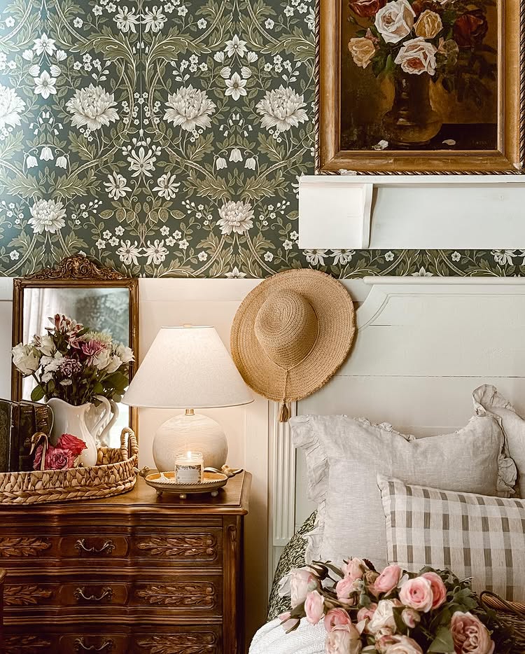 Example of cottagecore bedroom ideas featuring romantic style with floral wallpaper in green and white