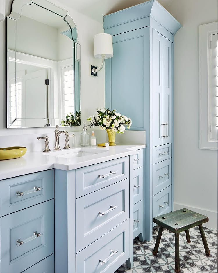 example of Jack and Jill bathroom in modern transitional style with light pale blue vanity