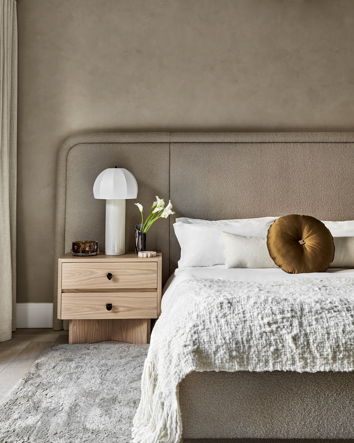 boucle fabric example featuring a bedroom in modern heirloom style