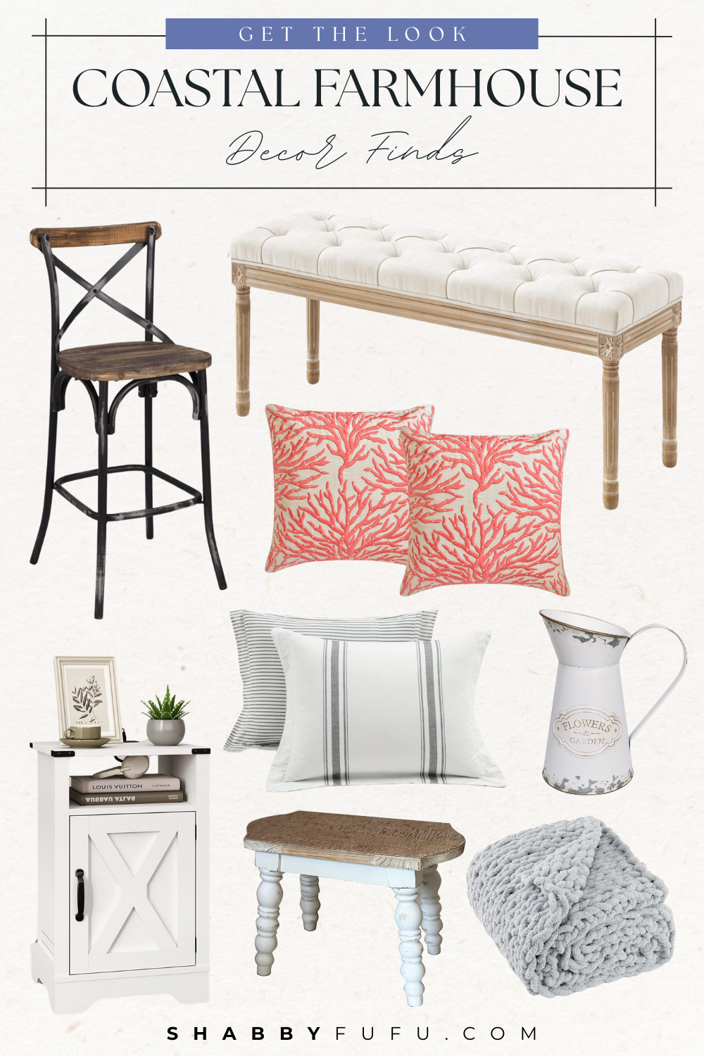 Pinterest collage featuring coastal farm house decor finds from Amazon