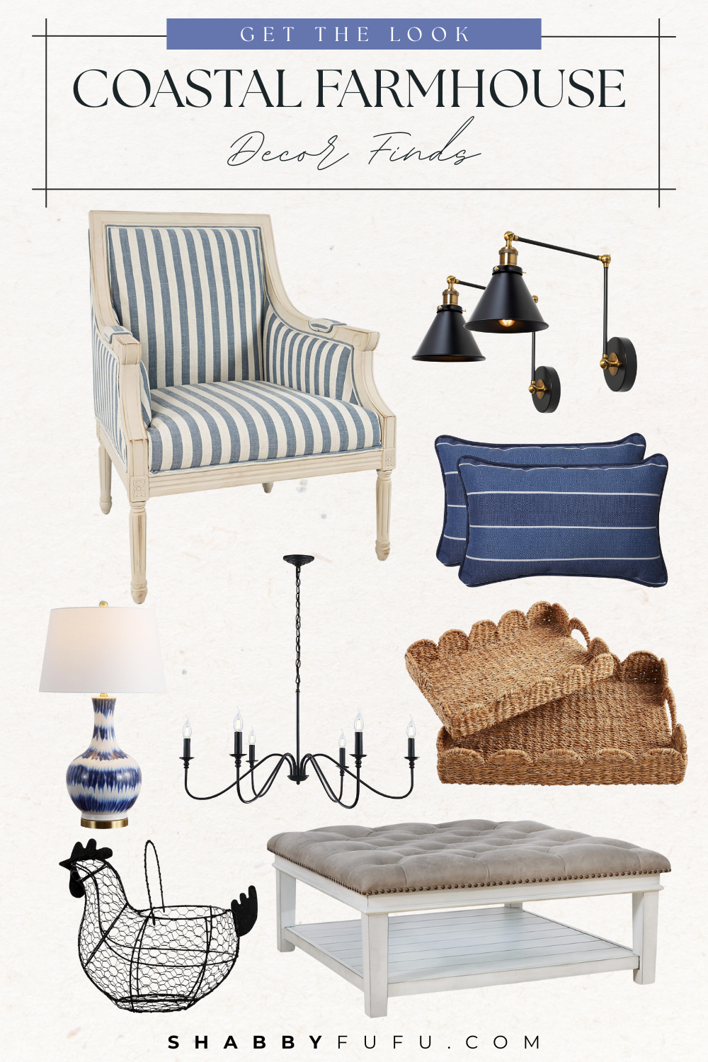 Pinterest collage featuring coastal farm house decor finds from Amazon
