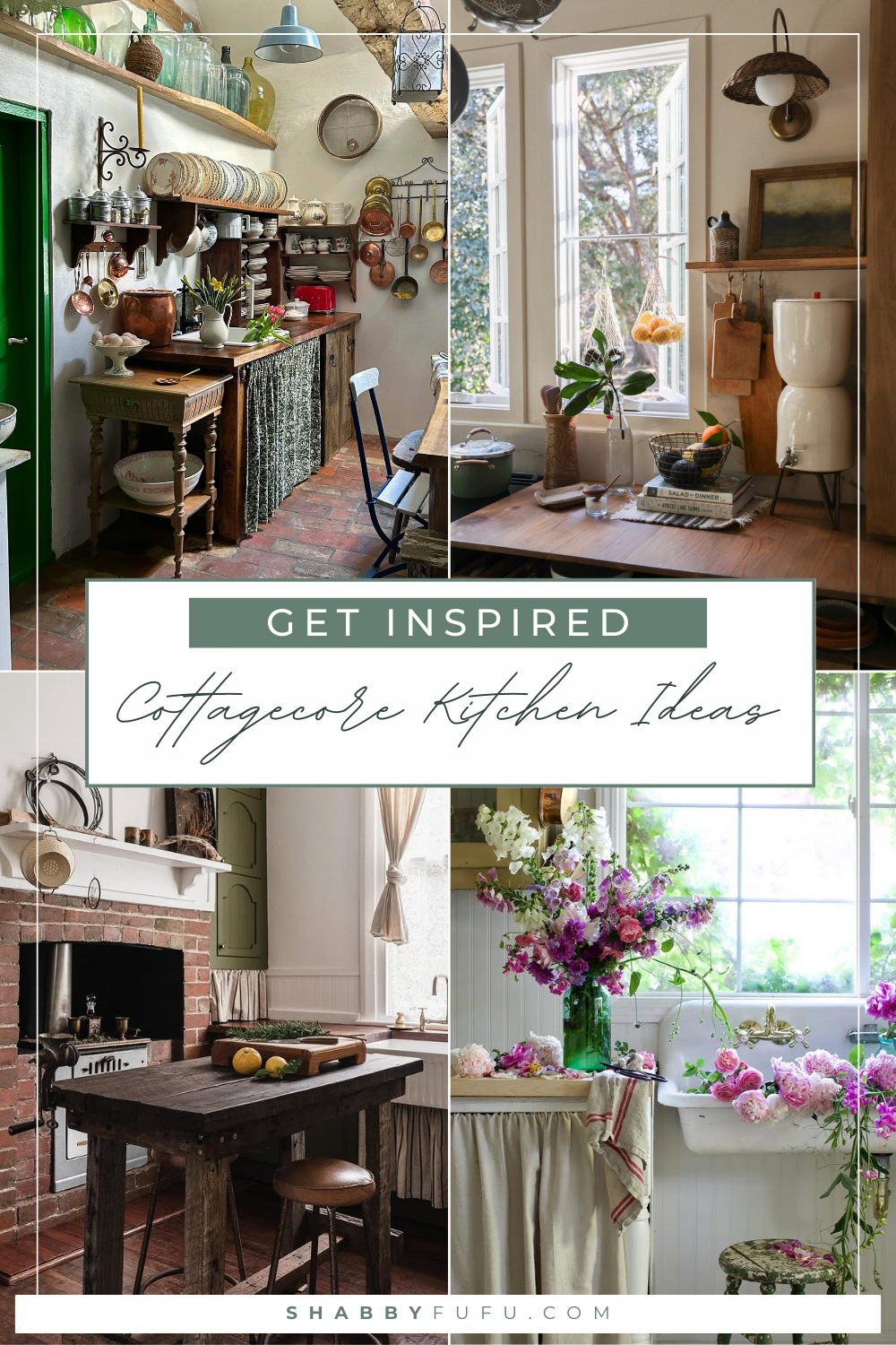 Pinterest Pin titled "Get Inspired - Cottagecore Kitchen Ideas"
