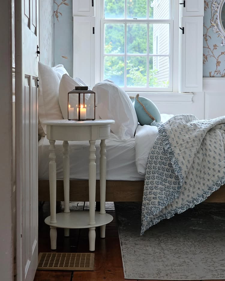Example of cottagecore bedroom ideas featuring coastal style with white and blue color scheme