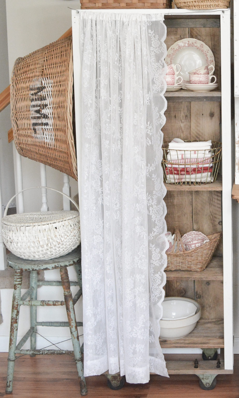 DIY cottagecore decor projects and ideas featuring farmhouse style rolling cart