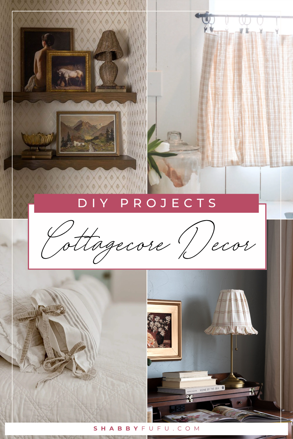 Pinterest collage featuring different DIY cottagecore decor ideas and projects