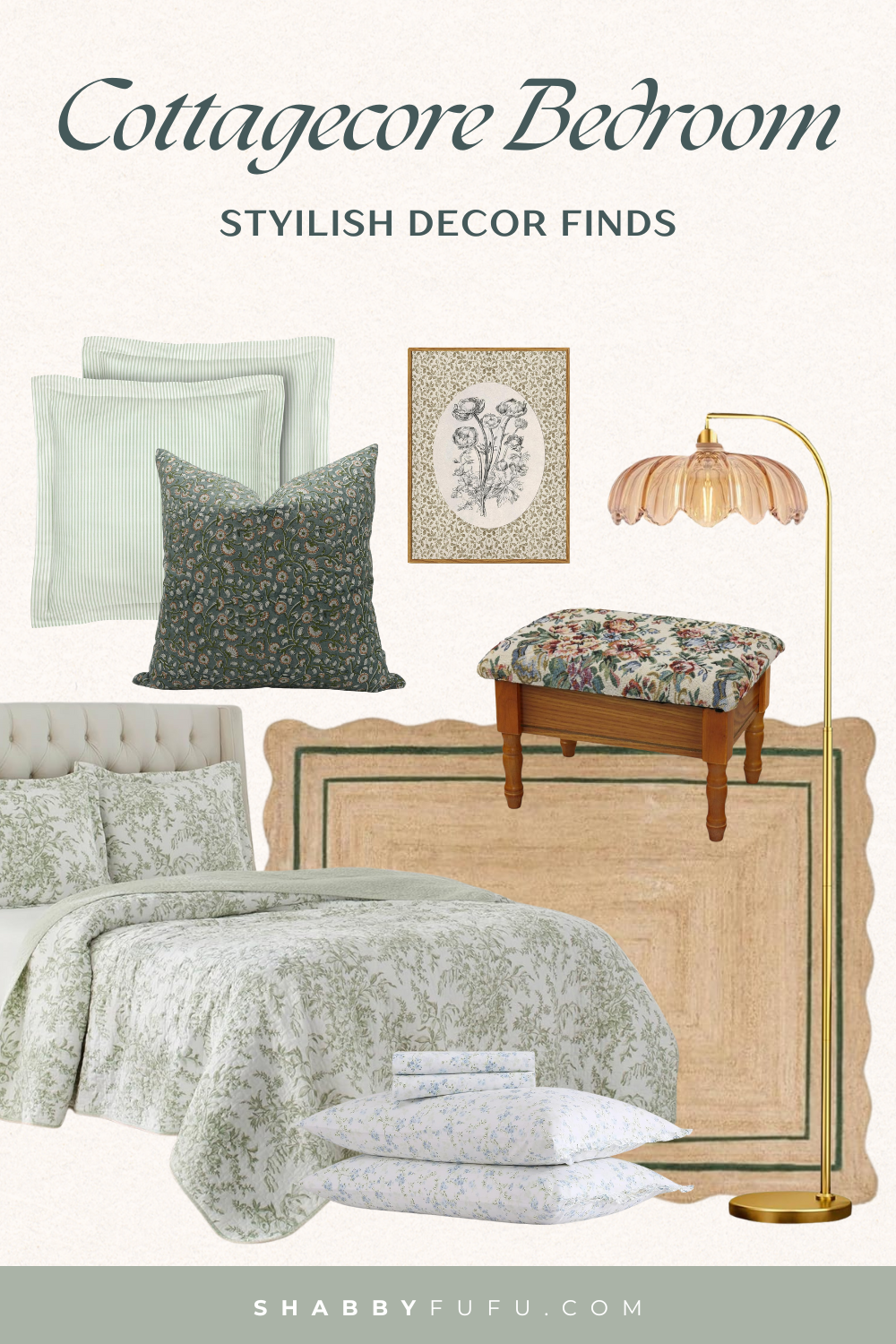 Cottagecore bedroom decor finds collage with products from Amazon