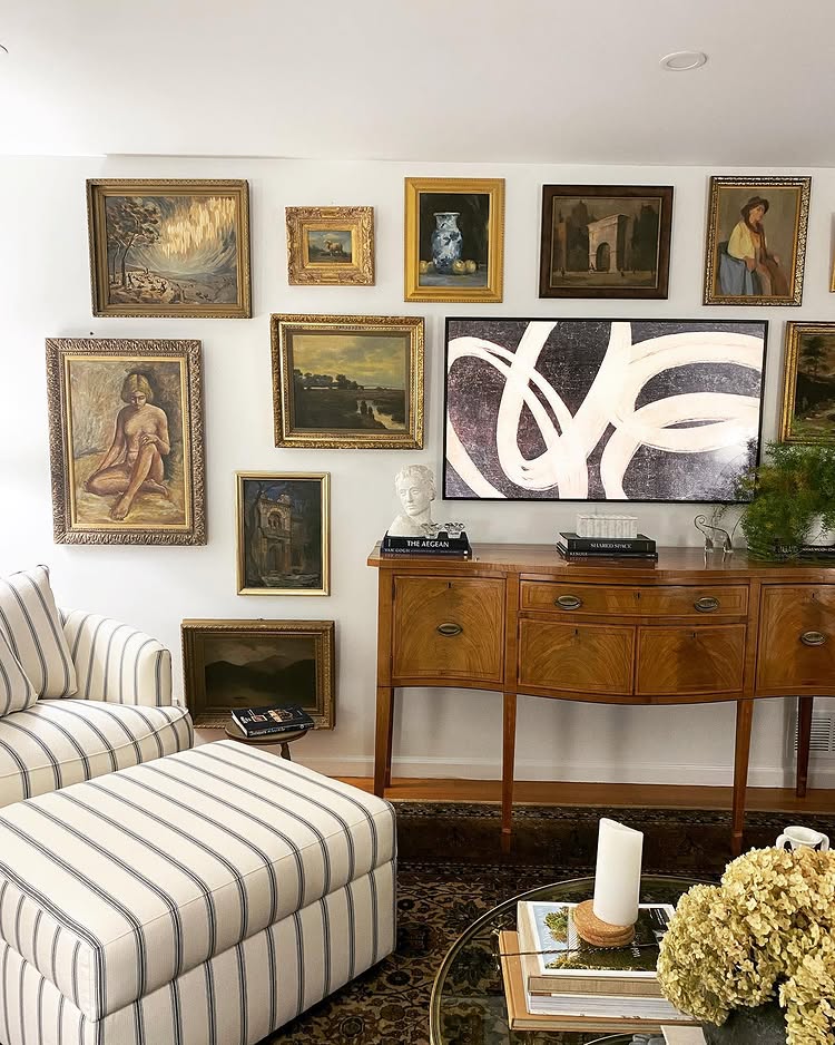 living room in traditional style featuring smart home samsung frame