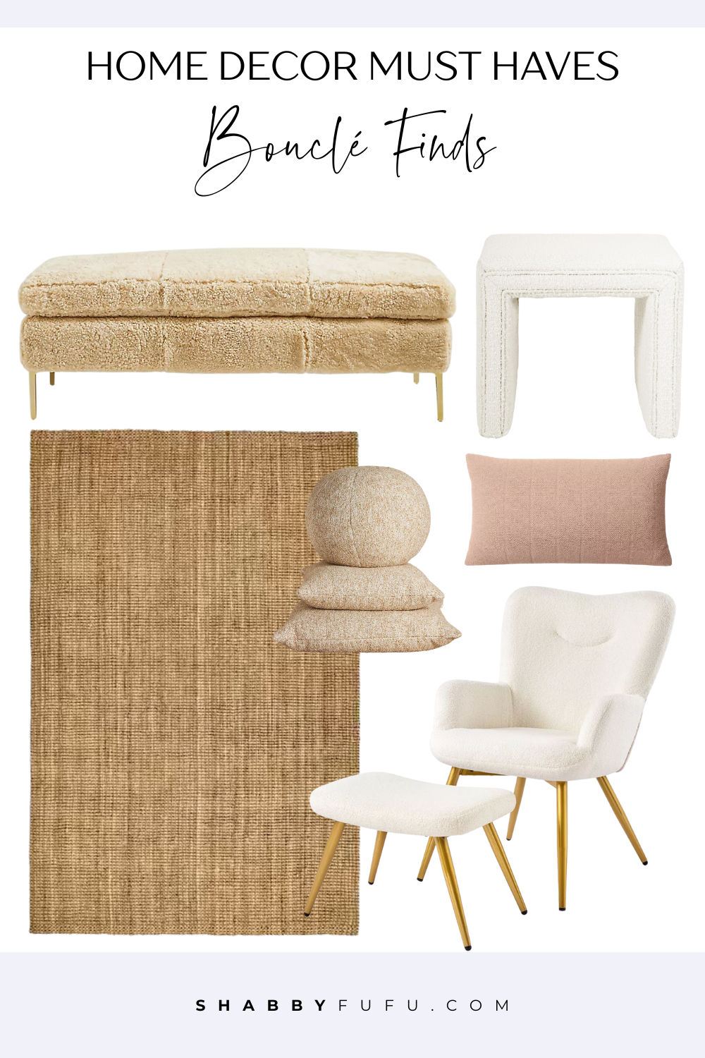 Collage featuring boucle fabric furniture and decor pieces