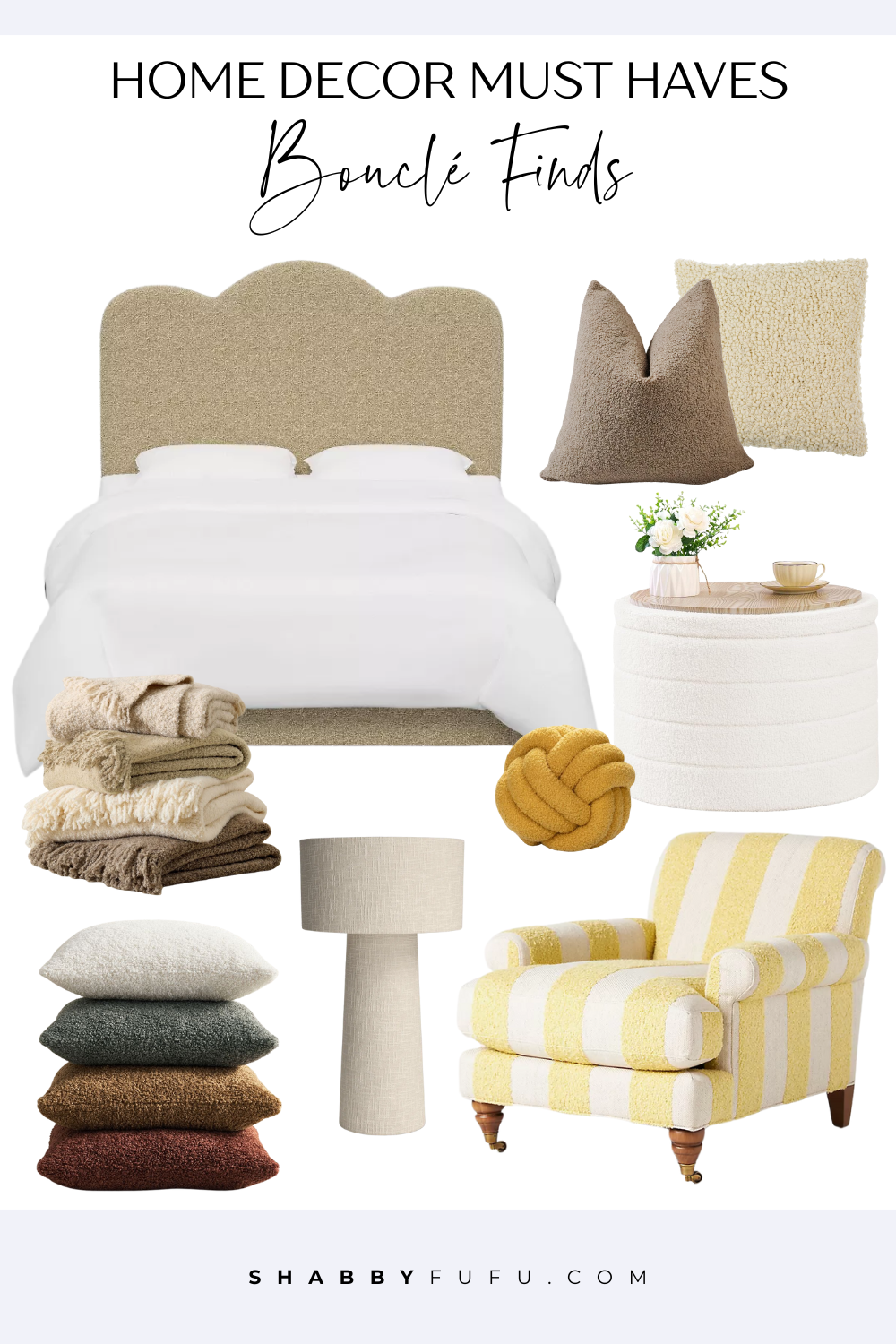 Collage featuring boucle fabric furniture and decor pieces