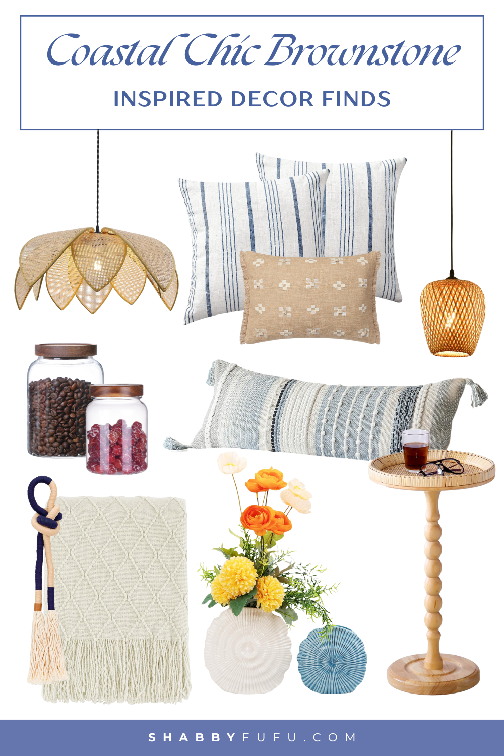 collage featuring products inspired by a coastal chic brownstone home tour