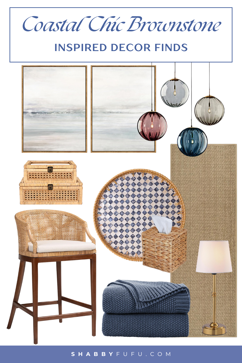collage featuring products inspired by a coastal chic brownstone home tour