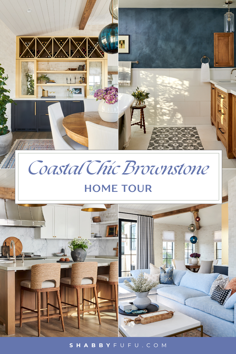 Pinterest collage showcasing a mix of interiors under the title "Coastal Chic Brownstone"