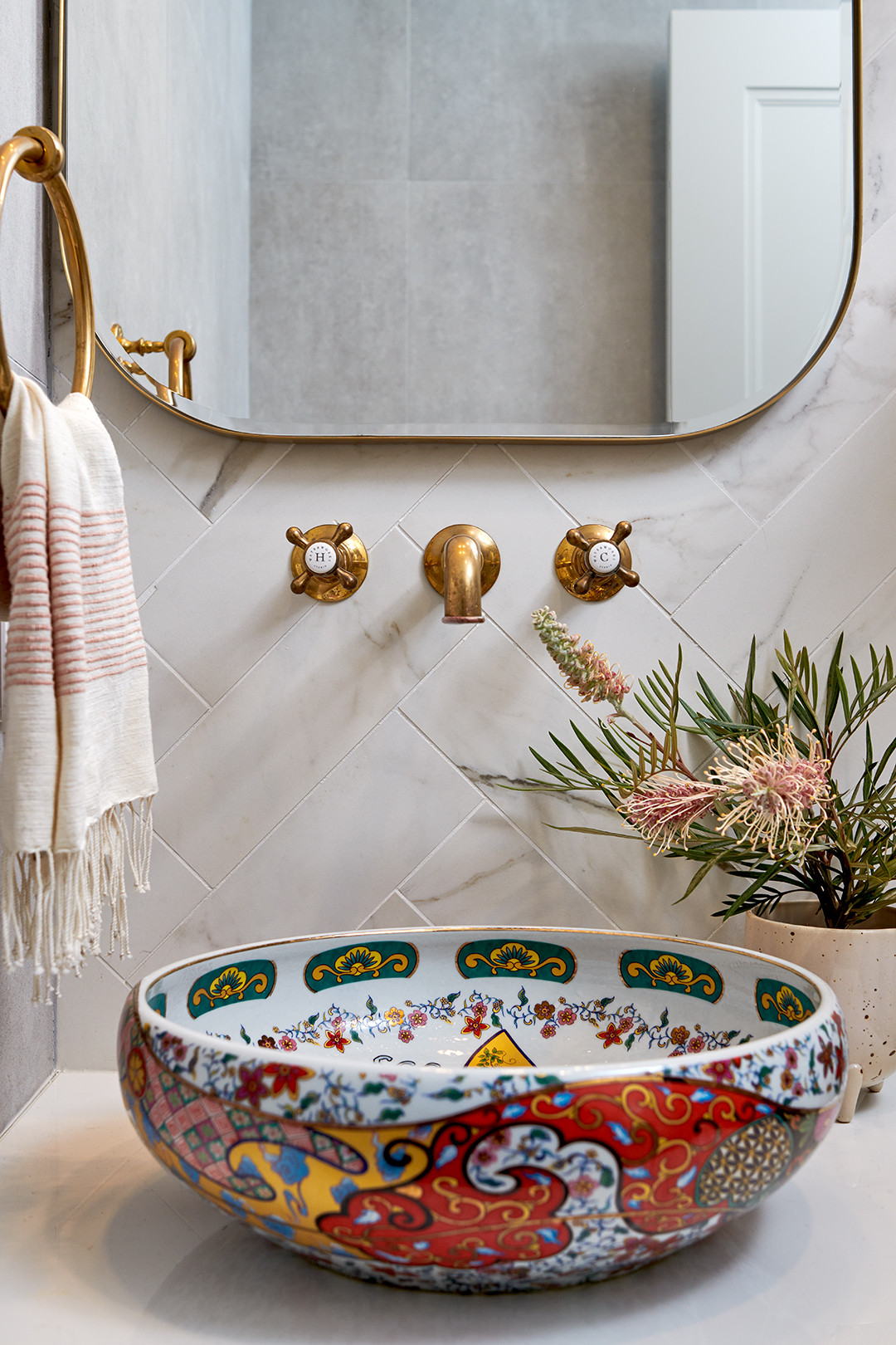 airy bathroom in coastal chic brownstone with boho touches