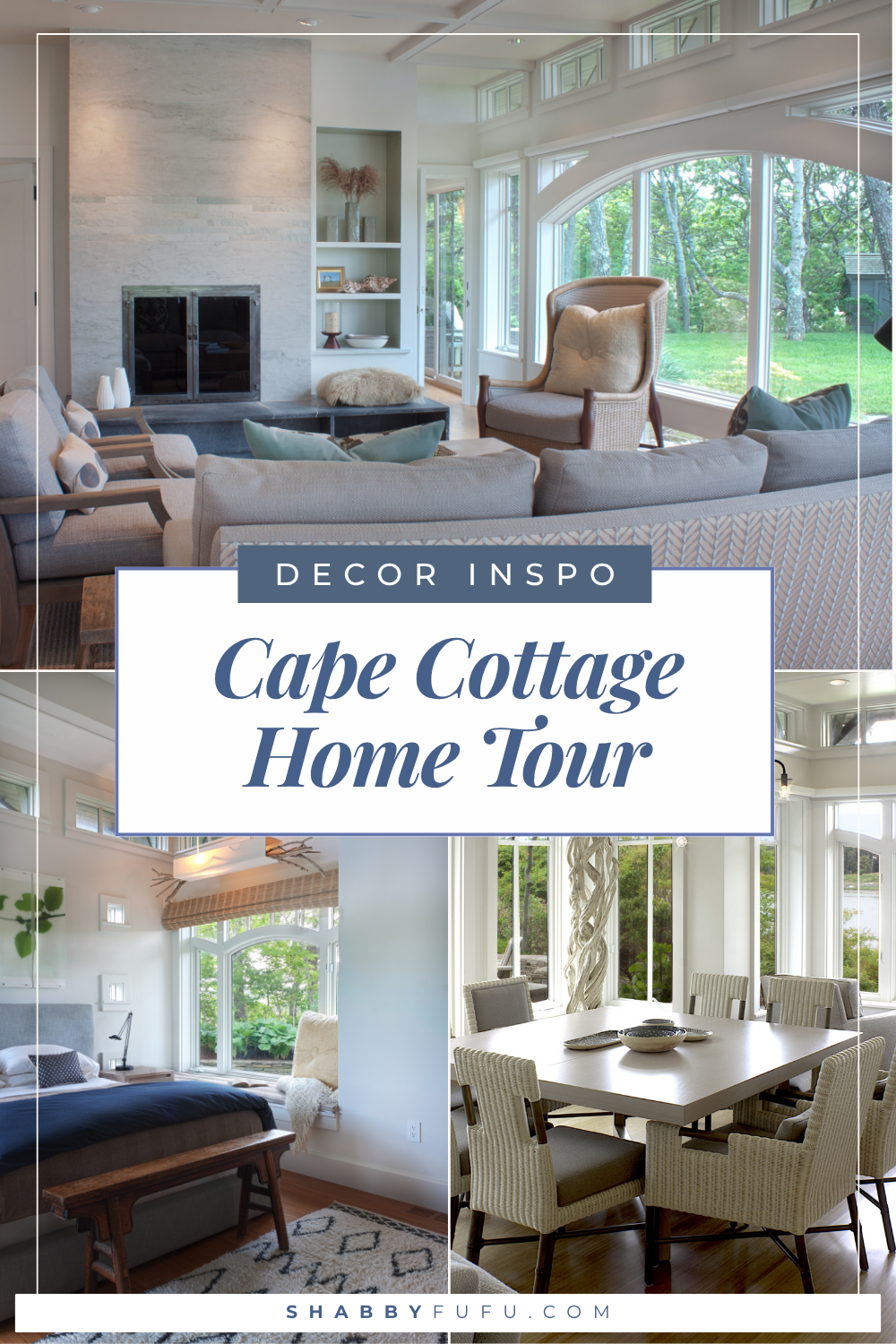 Pinterest graphic showcasing a collage of images from a home tour of a modern cape cottage home interiors