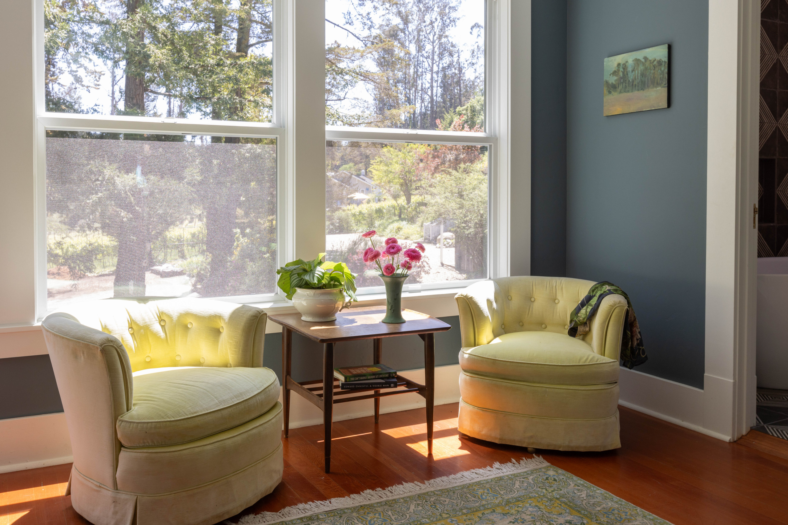 Seating corner featuring modern farmhouse decor in Creekside Mountain home tour