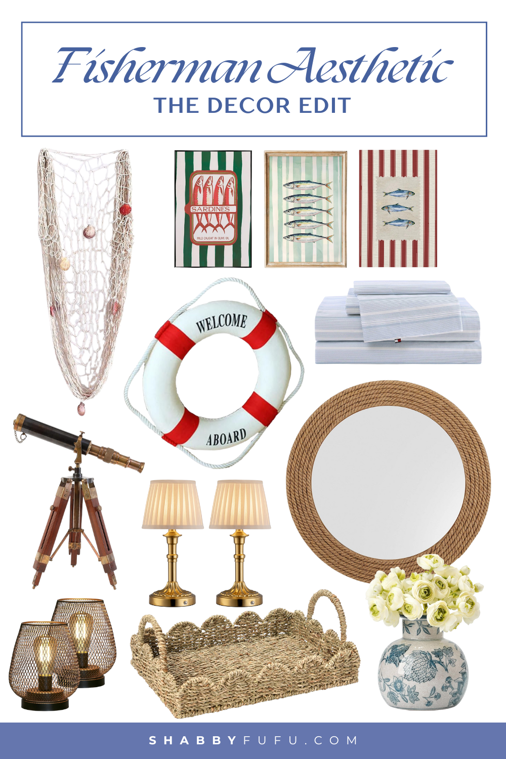 Pinterest graphic featuring a product collage with Fisherman decor finds from amazon